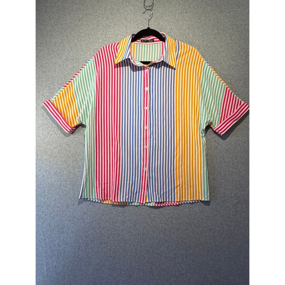 Womens Rainbow Striped Short Sleeve Button Down Shirt Large Multi Color